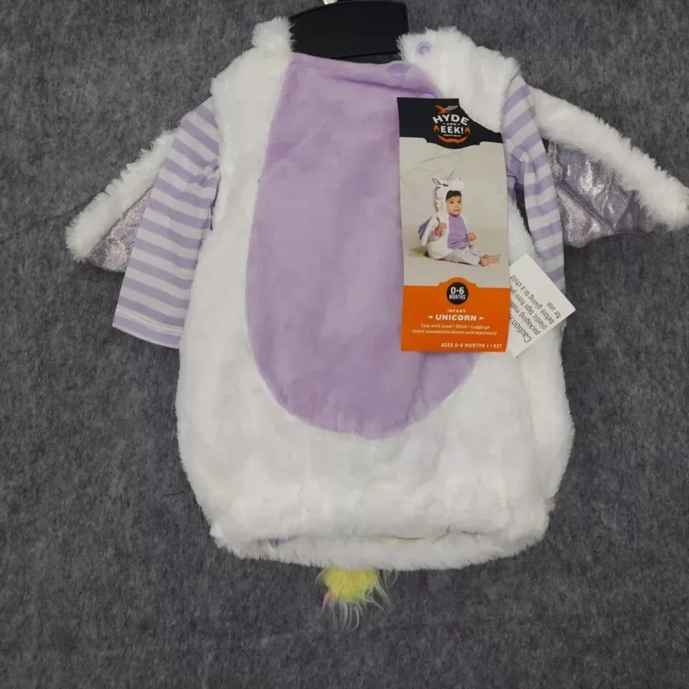 Unicorn Costume Baby 0-6M White Purple Hooded Wings Storybook Fantasy‎ Dress Up